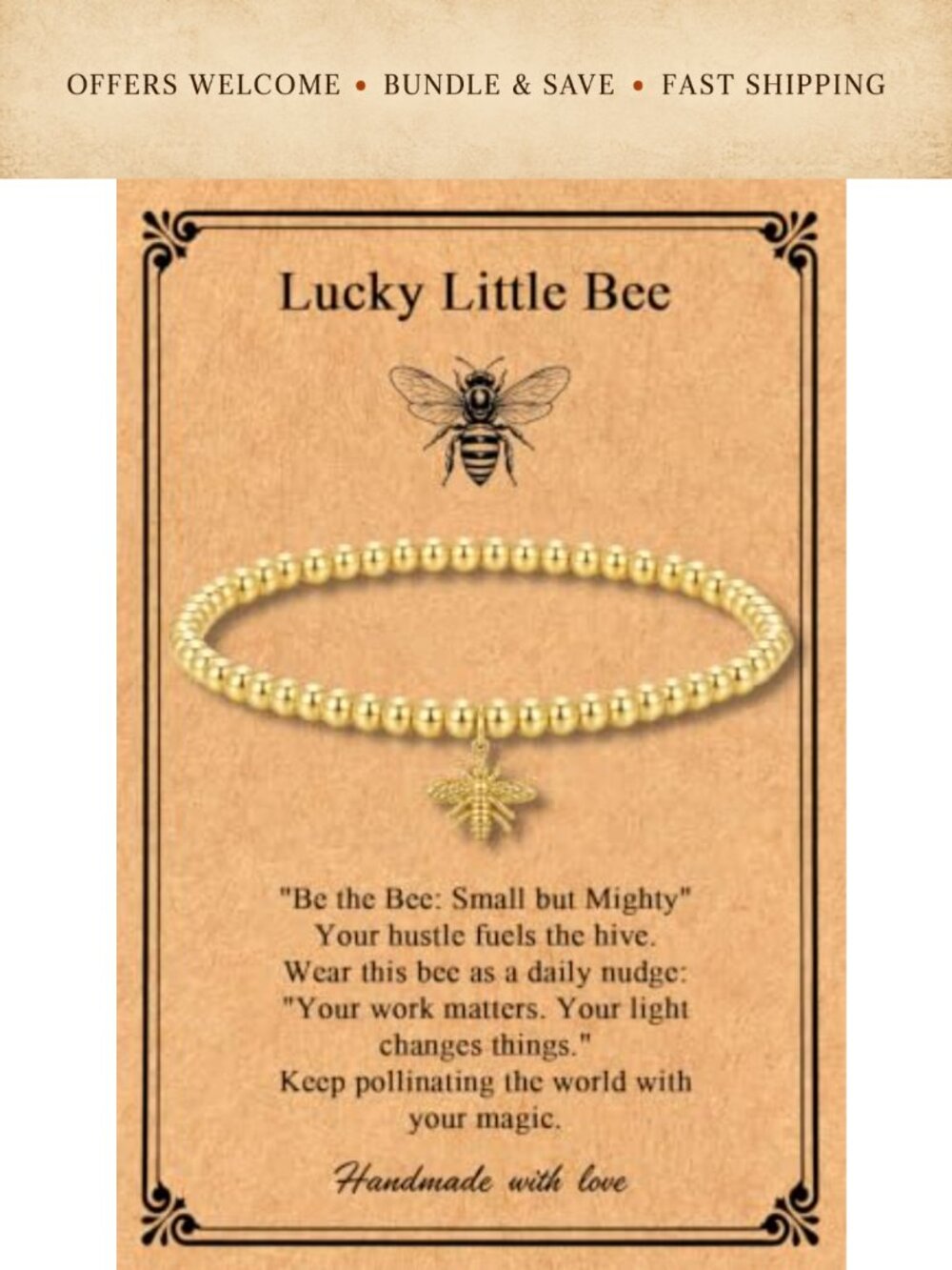 14K Gold Plated Beaded Stretch Bracelet Bee Charm Stackable